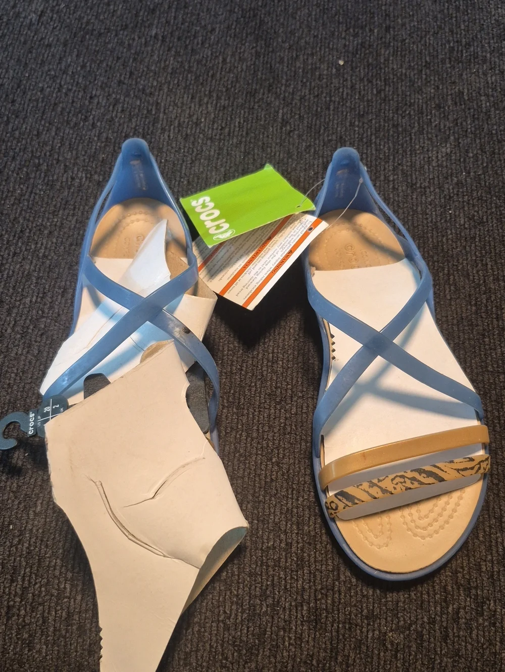 CROCS Women’s Blue Sandals with Tan and Gold Accent